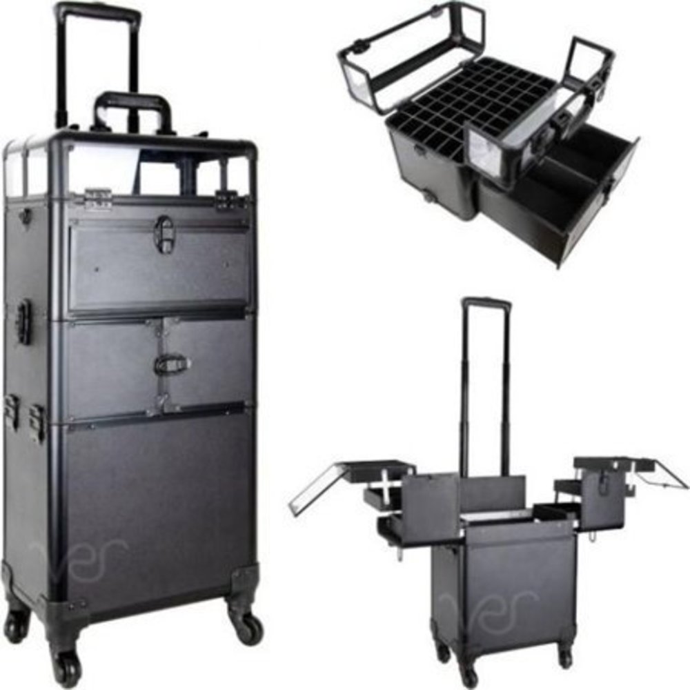 Clear Panel Black Aluminum 3-Tier Rolling Cosmetics Case Makeup & Nail Storage A